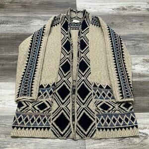 Lucky Brand Tribal Aztec Tan‎ Black Womens XS Knit Pockets Long Sweater Cardigan
